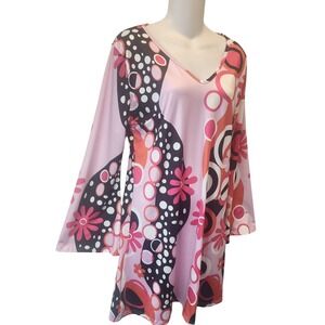 Women's Dress Pink Floral Bell Sleeve Mod Retro 70s Style Large